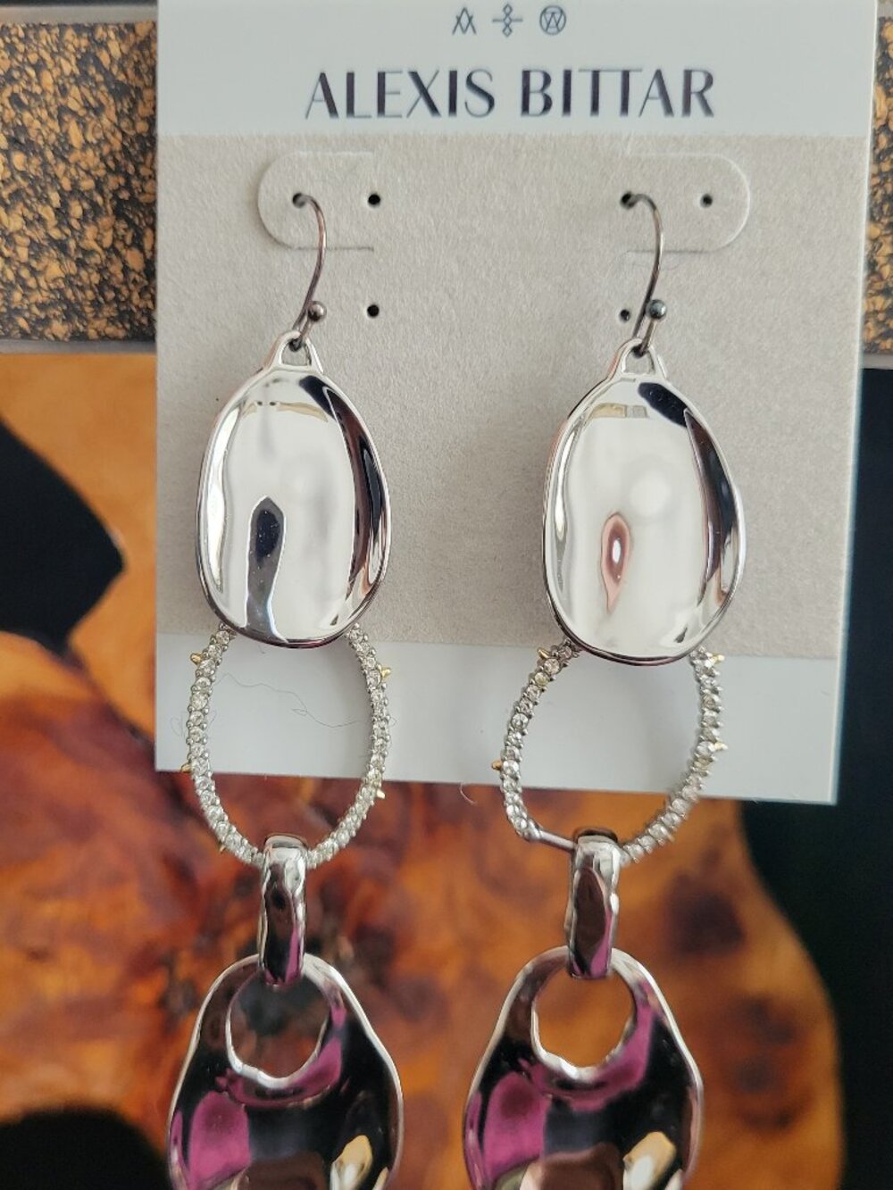 ALEXIS BITTAR Long DROP Hook EARRINGS polished silver organic circular links
